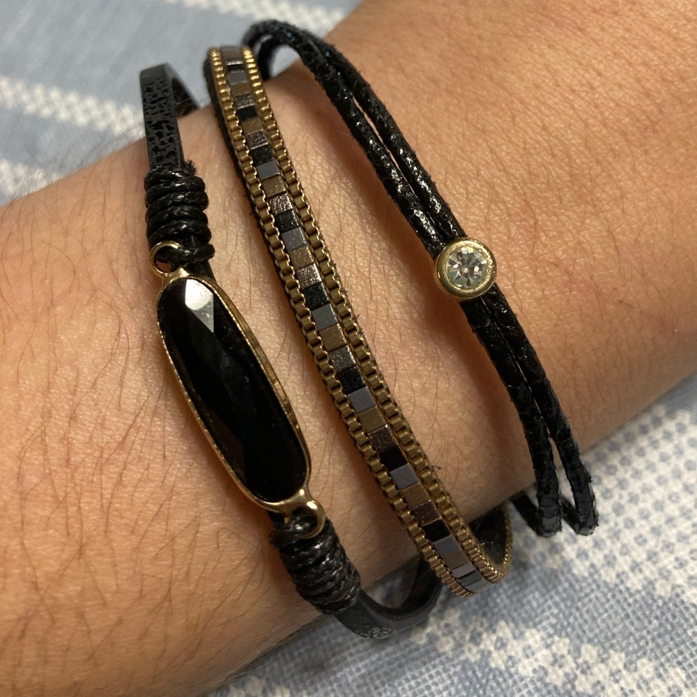 💛TODAY***$15***Vintage black and gold beaded, leather bracelet.